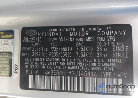 2016 Hyundai Santa Fe Limited из США, поврежденный, VIN KM8SR4HF8GU145414